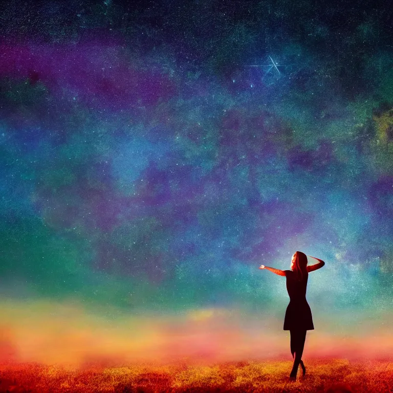 Image similar to a beautiful landscape of a starry sky with an beautiful woman waving to the horizon, cinematic, dramatic, color grading, photojournalism, colorful, highly detailed, album cover with text vystava