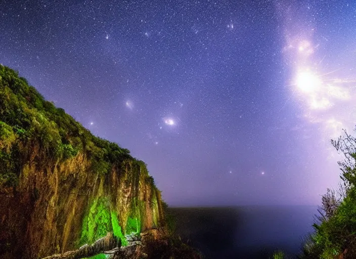 Prompt: a long capture photo of a magical waterfall, high cliff, night, stars in the sky