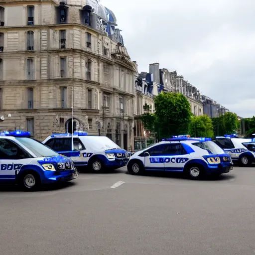 Image similar to a photo of 6 french police cars parked in front of a building