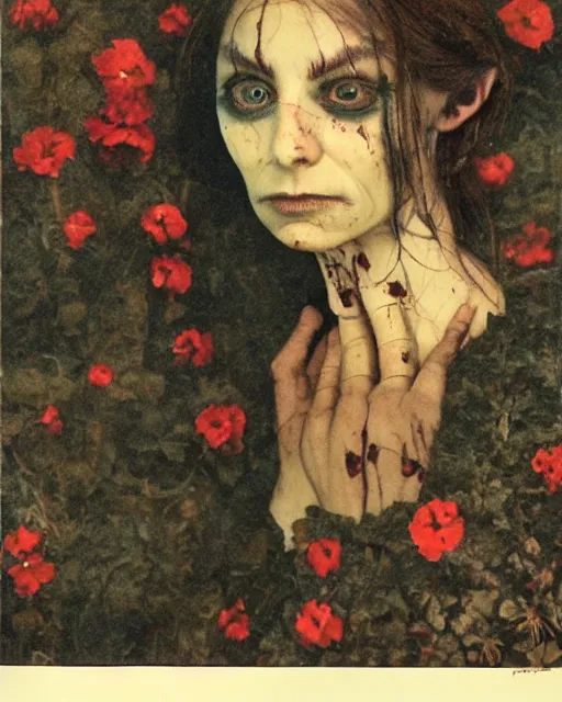 Prompt: an instant photo of a handsome but sinister and creepy goblin in layers of fear, with haunted eyes, violence in her eyes, 1 9 7 0 s, seventies, delicate embellishments, a little blood, woodland, blue dawn light shining on wildflowers, painterly, offset printing technique, by walter popp, alexandre cabanel