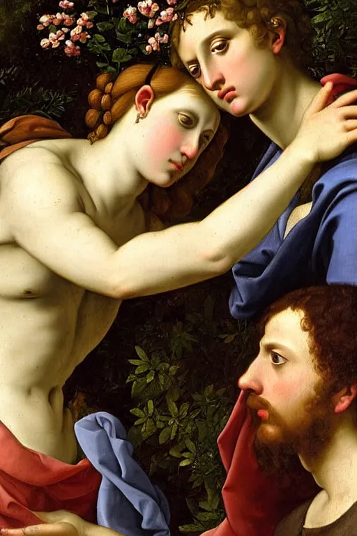 Prompt: renaissance painting of lovers in the garden, closeup, interest face, emotions closeup, dressed in roman armour, the beautiful garden with thorn branches everywhere, ultra detailed, art by Guido Reni style, Vincenzo Catena style