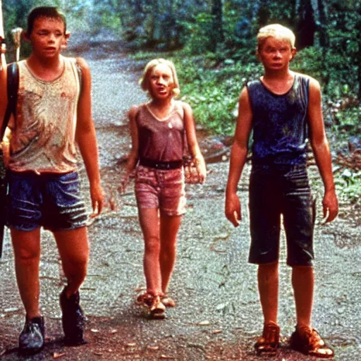 Image similar to a still of from the movie stand by me crossover with the movie the toxic avenger