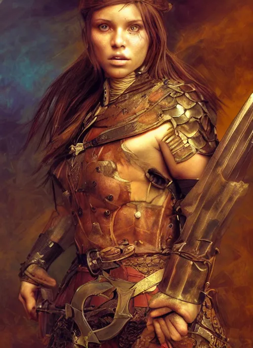 Image similar to hyper realistic photo of medieval beautiful warrior girl, full body, rule of thirds, conceptart, saturated colors, jean baptiste monge