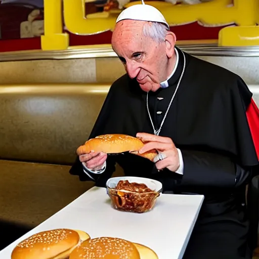 Image similar to the pope eating an hamburger at mcdonald's