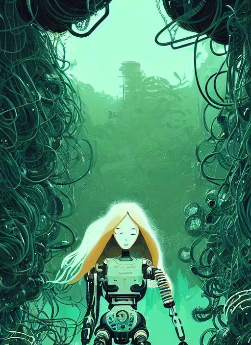 Prompt: highly detailed portrait of a biopunk cyborg long wavy blonde hair tribal lady, stray wiring by atey ghailan, james gilleard, by joe fenton, by greg rutkowski, by greg tocchini, by kaethe butcher, 4 k resolution, gradient green, black and white color scheme!!! ( ( forested robotic dense jungle background ) )