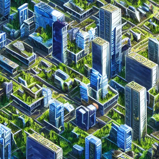 Image similar to a sprawling city landscape, overgrown, alien planet, high rises, oblong formations, crooked angles, isometric view, uhd, 8 k, digital art, award winning,