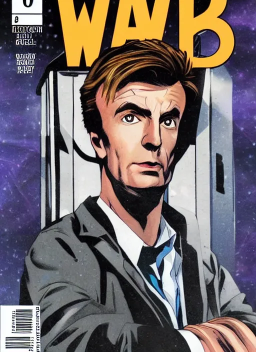 Image similar to A marvel comic book cover of the tenth doctor standing in front of the Tardis, daytime