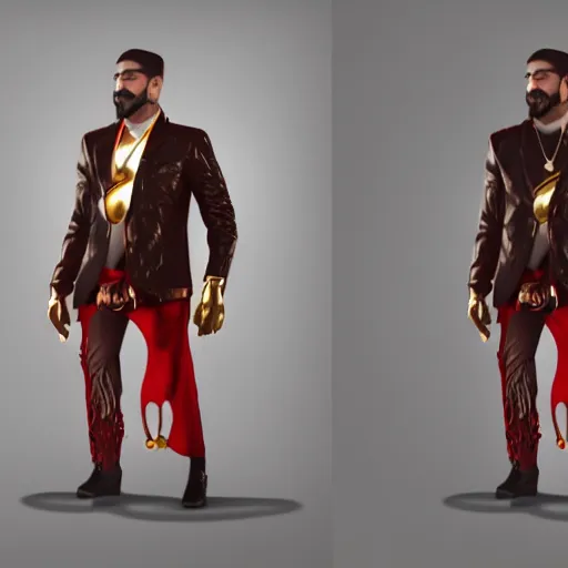 Image similar to a highly detailed full-length man with dark brown short hair, a dark beard, in black and red clothes, with a gold chain and a gold belt, artstation, DeviantArt, professional, octane render