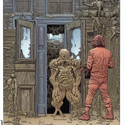 Image similar to opening a door to an impossible nightmare beyond comprehension, very very detailed painting by geof darrow and greg rutowski and hr giger