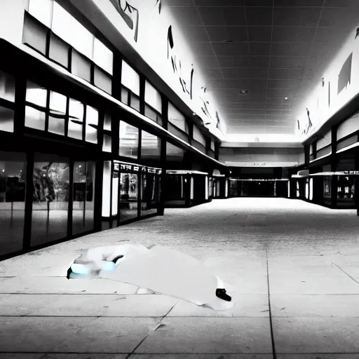 Prompt: beatiful cctv found footage of shadow creature lurking in an empty abandoned mall