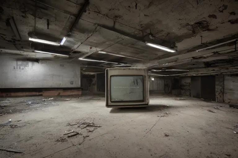 Image similar to abandoned industrial basement illuminated by a stack of CRT televisions, sinister