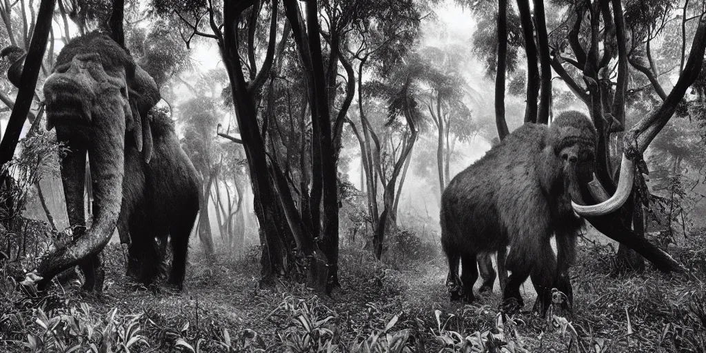 Image similar to a Sebastião Salgado's photograph of a mammoth walking in a dense tropical forest, 4k, award wining