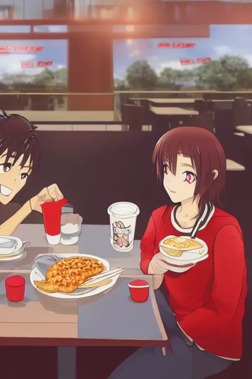 Image similar to a beautiful picture of two people have breakfast in kfc, empty, sky, anime, detailed, 8 k