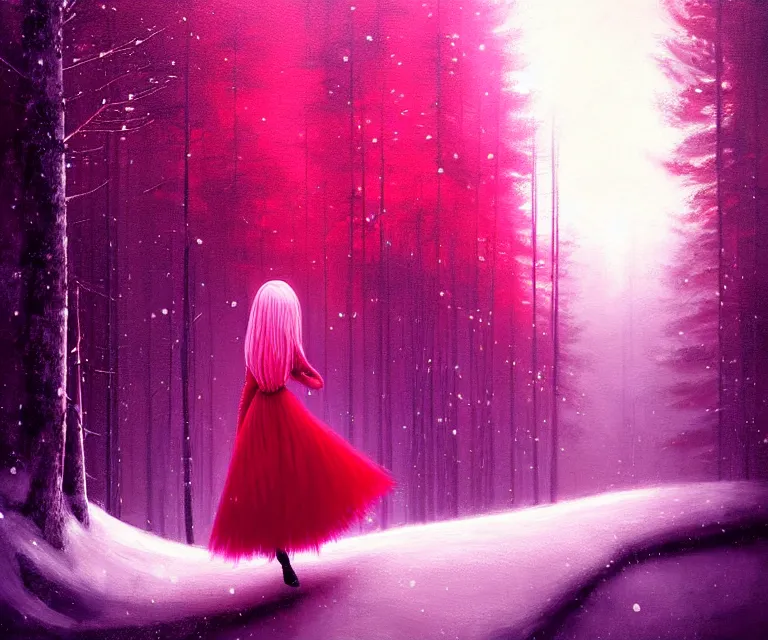 Image similar to a painting of a beautiful face gothic girl, pink hair in a stunning red dress playing a piano in the dark snowy forestby yoshitaka amano and alena aenami, cg society contest winner, retrofuturism, matte painting