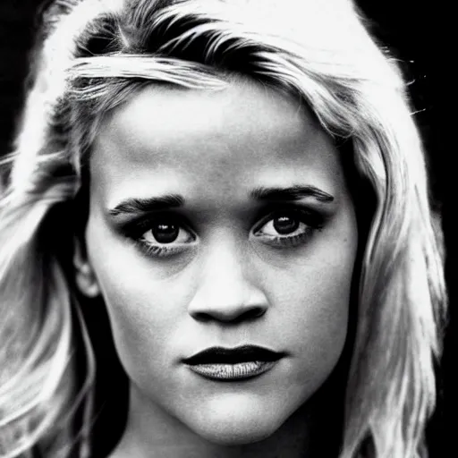 Prompt: black and white vogue closeup portrait by herb ritts of a beautiful female model, young reese witherspoon, high contrast