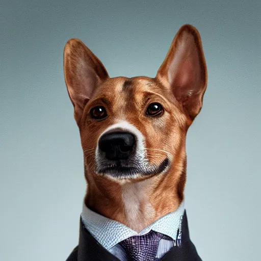 Prompt: portrait of a business dog, super detailed, hyper realism, sharp focus, stylized, boxart, octane, medium shot