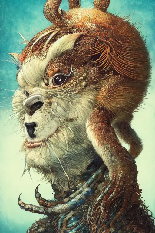 Image similar to a portrait of a japanese exotic animal illustrated by miyazaki by karol bak, james jean, tom bagshaw, rococo, sharp focus, trending on artstation, cinematic lighting, hyper realism, octane render, 8 k, hyper detailed, vivid, ultra detailed, highly detailed