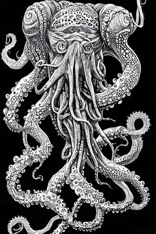 Prompt: black ink on paper, alien octopus, trending on artstation, beautiful, intricate, detailed