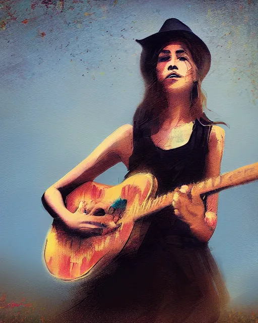 Image similar to a painting of a young country woman playing a guitar in the texas hill - country, in the style of casey baugh, digital art