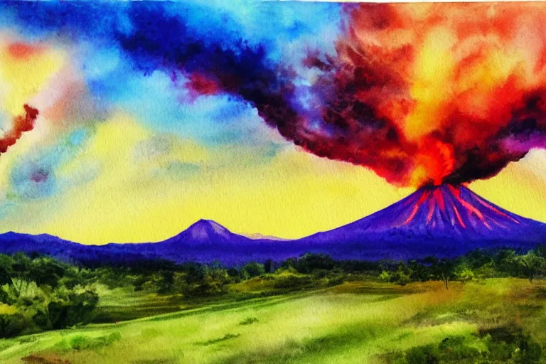 Prompt: peaceful sunny landscape with burning volcano in center and heavy thunderstorm above it, aquarelle painting, trending on artstation, 4 k