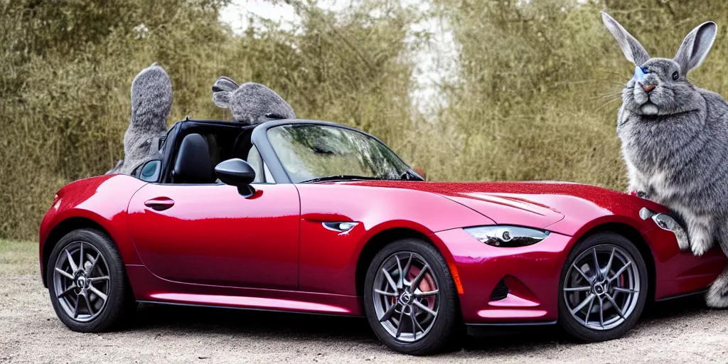 Image similar to a wide angle photograph of a grey rabbit posing with their red mazda mx-5