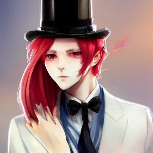 Prompt: semi realistic anime illustration of top hat wearing red haired effeminate man, with cigarette in mouth, with beautiful hyperdetailed eyes, facing camera directly, full face portrait made by Stanley Artgerm, WLOP, Rossdraws, James Jean Andrei Riabovitchev, Marc Simonetti, Yoshitaka Amano, Artstation