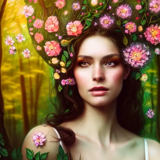 Image similar to a picture of a beautiful woman clothed in flowers and leaves standing in an enchanted forest, high fantasy, elegant, epic, detailed, intricate, digital painting, concept art, realistic detailed face, smooth, focus, rim light, detailed 8 5 mm f / 1. 4, anamorphic lens,