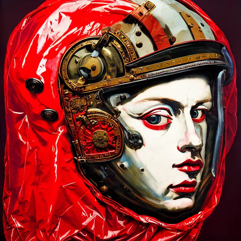 Image similar to portrait of a third reich soldier in ornate motorcycle dirt helmet in a helmet background red plastic bag, circuitboard,, rich deep colors, ultra detail, by francis bacon, james ginn, petra courtright, jenny saville, gerhard richter, zdzisaw beksinsk, takato yamamoto. masterpiece, elegant fashion studio ighting 3 5 mm