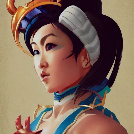 Image similar to portrait of Chun Li, League of Legend illustration by Sam Youn:3, profile picture by Gil Elvgren:3, asymmetrical, Organic Painting, Ambient Occlusion:3, Matte Painting, bold shapes, hard edges, street art, trending on artstation, realistic:2 by Sachin Teng:5