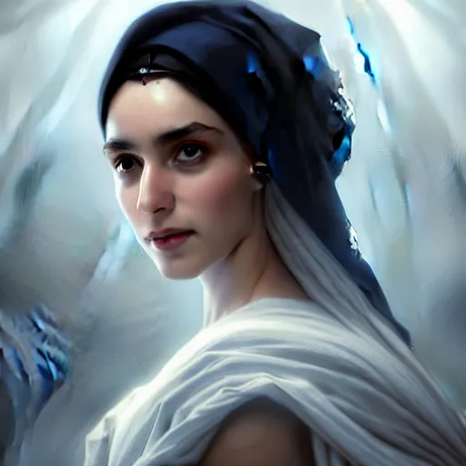 Prompt: a Photorealistic dramatic hyperrealistic ameera al taweel, blue eyes, black hair, white veil,by WLOP,Artgerm,Greg Rutkowski,Alphonse Mucha, Beautiful dynamic dramatic dark moody lighting,shadows,cinematic atmosphere,Artstation,concept design art,Octane render,8K