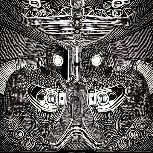 Prompt: “geometrically incomprehensible surreal order of robot factory, extremely high detail, photorealistic, intricate line drawings, dotart, album art in the style of James Jean”