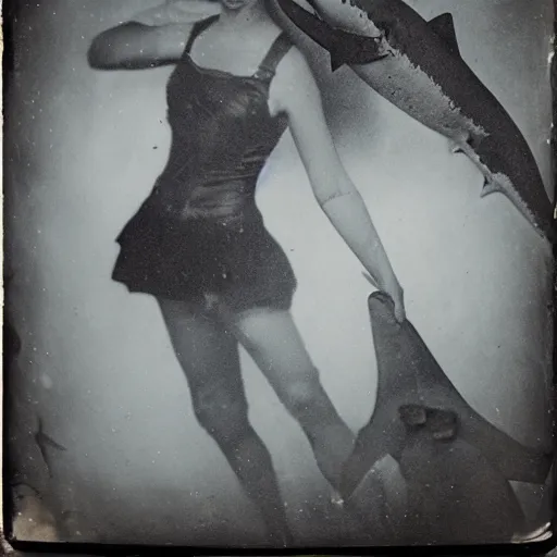 Image similar to underwater tintype photo pretty girl and a shark