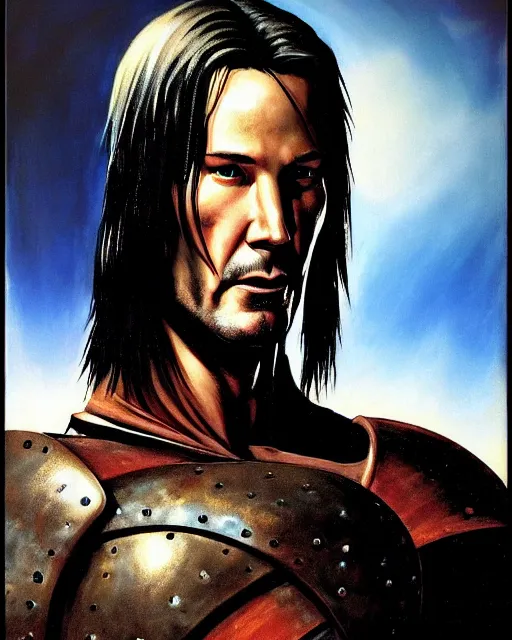 Image similar to portrait of a skinny punk keanu reeves wearing armor by simon bisley, john blance, frank frazetta, fantasy, thief warrior