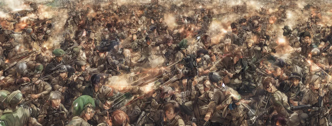 Prompt: a zoomed out panoramic view erwin smith leading the final charge. my soldier's, rage. hyperrealistic anime background illustration by kim jung gi, attack on titan, colorful, extremely detailed intricate linework, smooth, super sharp focus, bright colors, high contrast, matte, octopath traveler, unreal engine 5 highly rendered, global illumination, radiant light