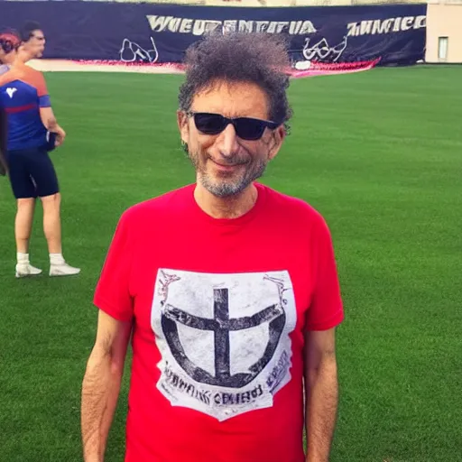 Image similar to fito paez wearing a independiente club t shirt