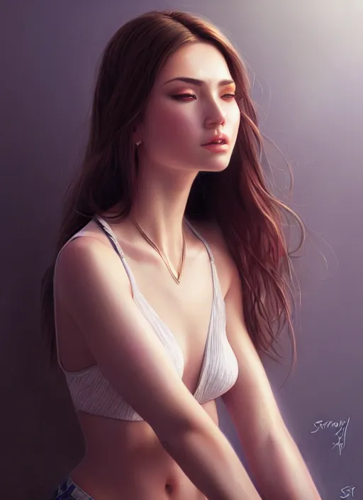 Image similar to high angle photo of a gorgeous young woman in the style of stefan kostic, realistic, sharp focus, 8 k high definition, insanely detailed, intricate, elegant, art by stanley lau and artgerm