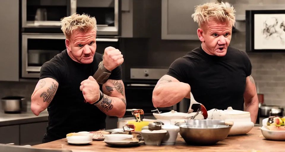 Image similar to photo of angry furious Gordon Ramsay punching Gordon Ramsay at the kitchen