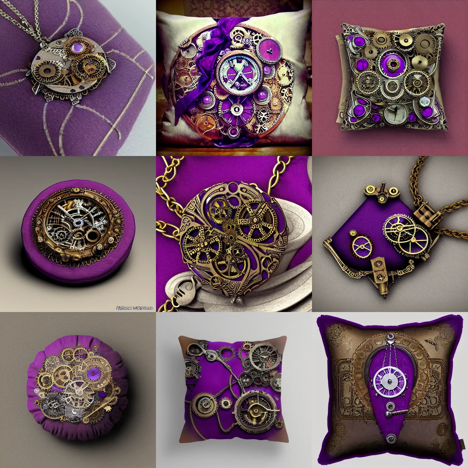 Prompt: steampunk jewelry artstation ultra detailed render centered on purple cushion with intricate white embroidery