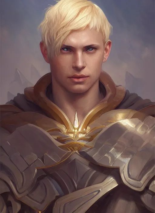 Prompt: portrait of a floating winged aasimar paladin blond short hair young man with amber eyes strong, sofisticated, fantasy, highly detailed, digital painting, artstation, concept art, character art, art by greg rutkowski and tyler jacobson and alphonse mucha