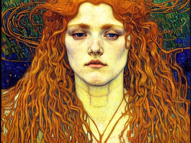 Image similar to detailed realistic beautiful young medieval queen face portrait by jean delville, gustav klimt and vincent van gogh, art nouveau, symbolist, visionary, gothic, pre - raphaelite, muted earthy colors, desaturated