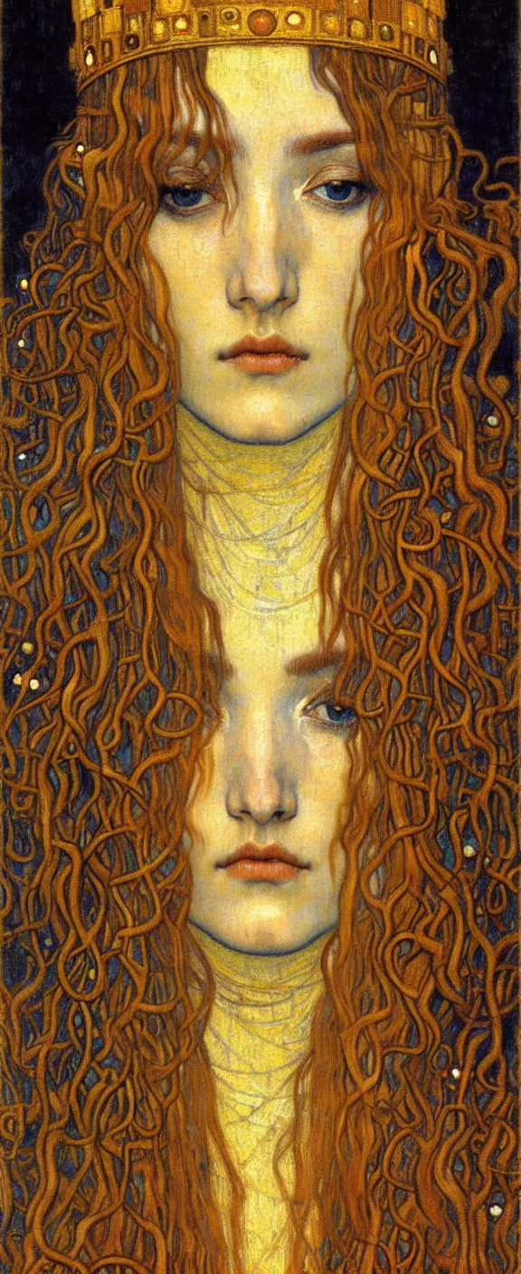 Image similar to detailed realistic beautiful young medieval queen face portrait by jean delville, gustav klimt and vincent van gogh, art nouveau, symbolist, visionary, gothic, pre - raphaelite, muted earthy colors, desaturated