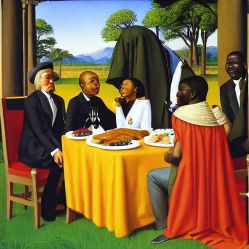 Image similar to the king of zimbabwe having imperial breakfast with his guest dignitaries by Raphael, Hopper, and Rene Magritte. detailed, romantic, enchanting, trending on artstation.