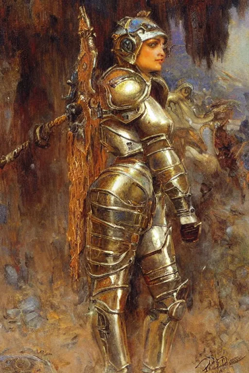 Image similar to full body girl metal armor painting by gaston bussiere