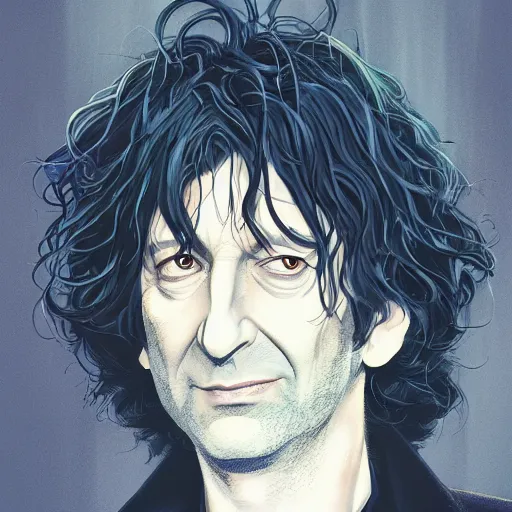 Image similar to closeup portrait of Neil Gaiman as The Sandman, pale skin, long black leather jacket, unruly hair, ambient lighting, 4k, anime key visual, lois van baarle, ilya kuvshinov, rossdraws, artstation