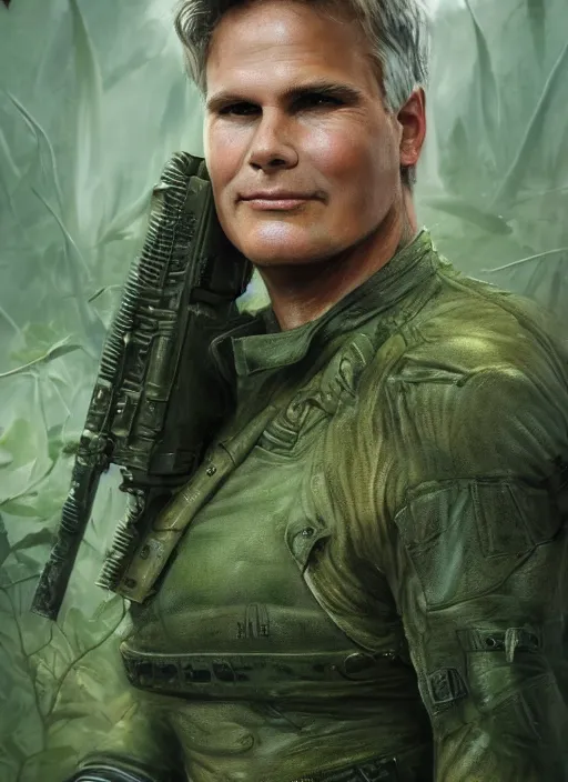 Image similar to portrait of a young richard dean anderson wearing a green combat uniform, in a post appocalyptic city overgrown by plants, by wlop, by luis royo, by greg rutkowski, cover illustration, concept art, volumetric lighting, volumetric atmosphere, sharp focus, octane render, trending on artstation, 8 k