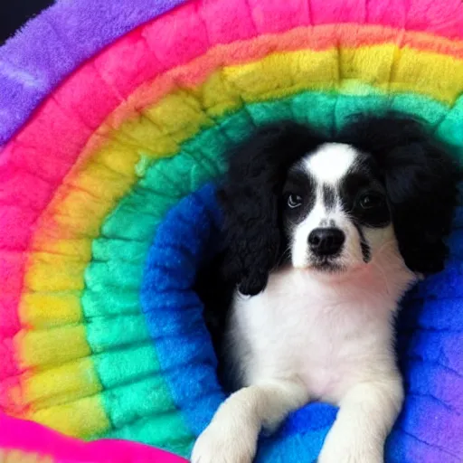 Image similar to a an adorable pink fluffy puppy with under a rainbow