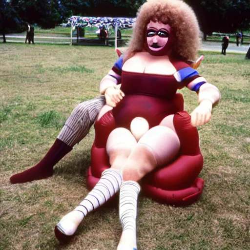 Image similar to 1981 woman on tv show wearing a squishy inflatable prosthetic mask long stick nose, soft color wearing a leotard at the park 1981 color film 16mm holding a an inflatable animal Fellini John Waters Russ Meyer Doris Wishman old photo