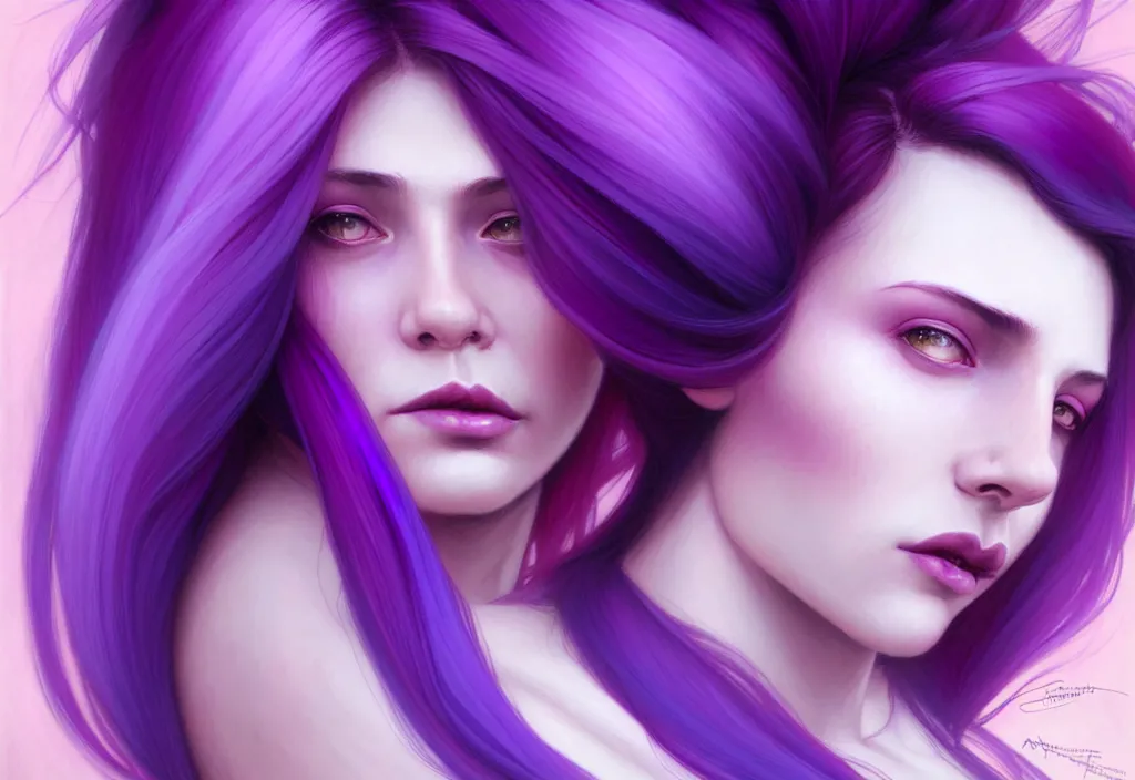 Image similar to Purple hair relistic Portrait of a two woman with bright colored flying hair, all shades of purple. Beauty face, Hair coloring, fantasy, intricate, elegant, highly detailed, digital painting, artstation, concept art, smooth, sharp focus, illustration, art by artgerm and greg rutkowski and alphonse mucha