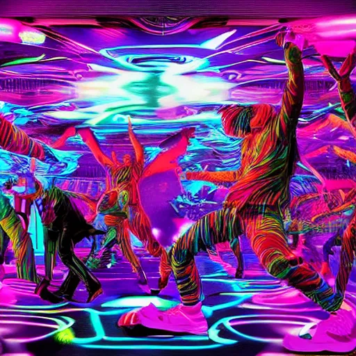 Prompt: rave dance party by android jones, syd mead, and john stephens