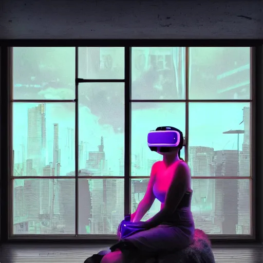 Image similar to matte painting of a woman in vr headset sitting in cyberpunk room behind the window, neon glow, by masamune shirow